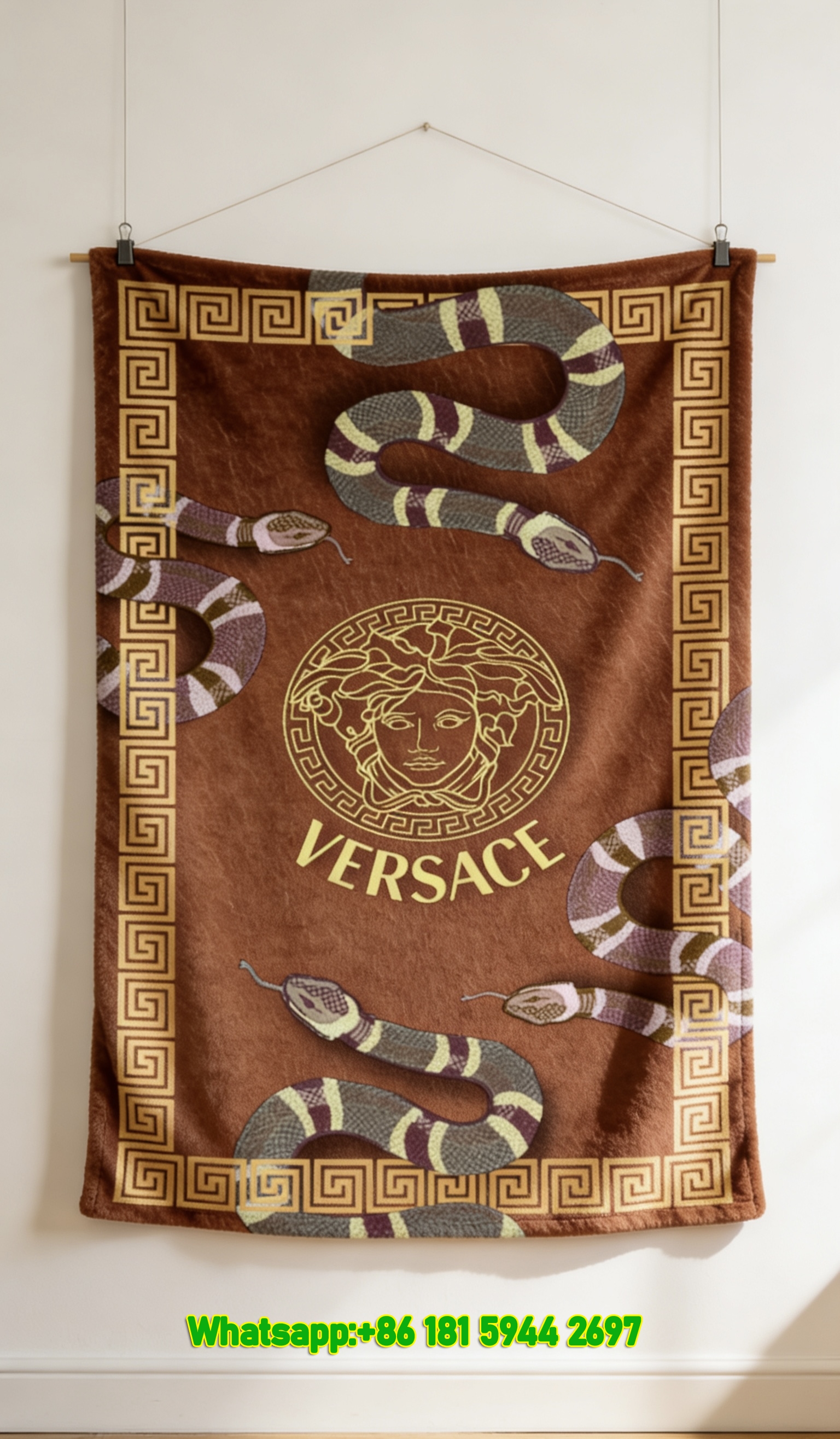 Versace Medusa Head Snake Print Flannel Throw Blanket Luxury Brown Gold and Green Greek Key Sofa Cover Blanket IMG_1529